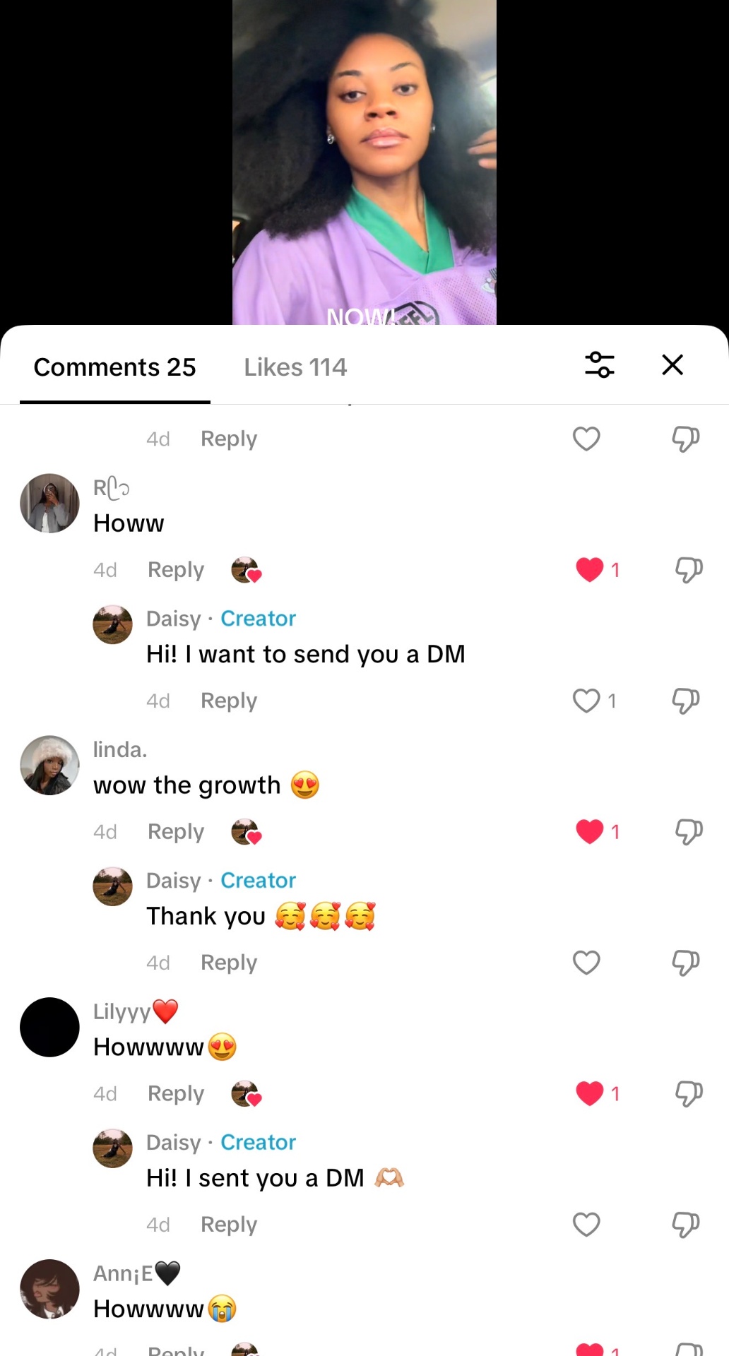 TikTok comments asking Daisy how she grew her hair
